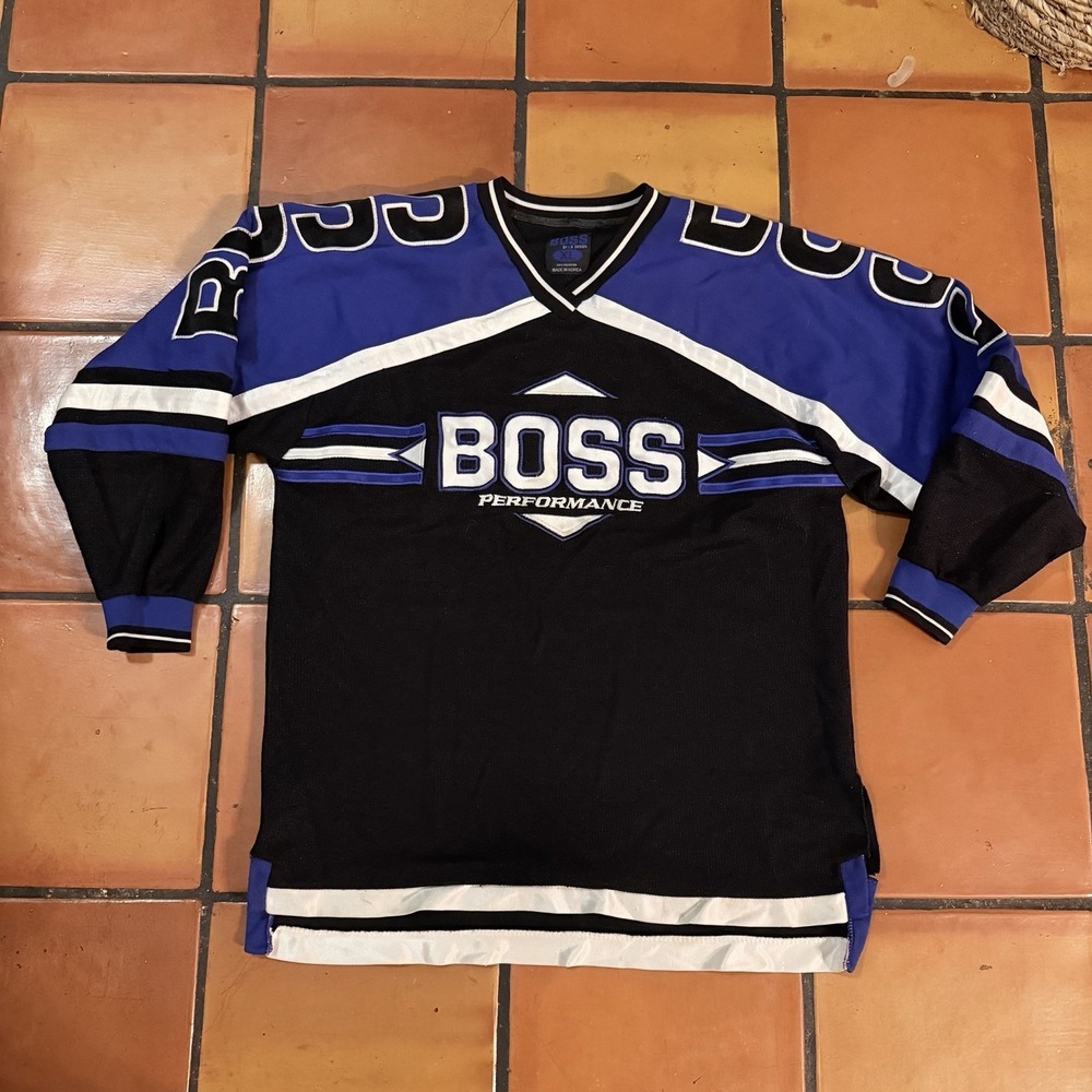 VTG 90s Boss Performance Hockey Jersey Mens XL Black Blue V Neck Jersey